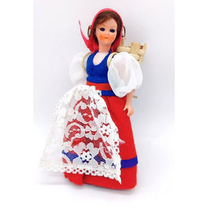 Vintage Doll In Switzerland (Lugano) Folk Costume 1960s Basket On Back Brunette